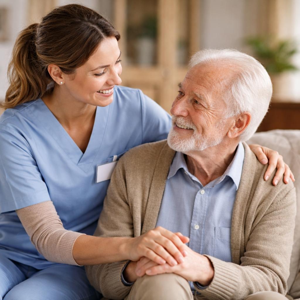Idoso sorrindo enquanto recebe apoio de uma cuidadora de saúde, representando a aceitação do cuidado e o diálogo sobre autonomia e ajuda na velhice.