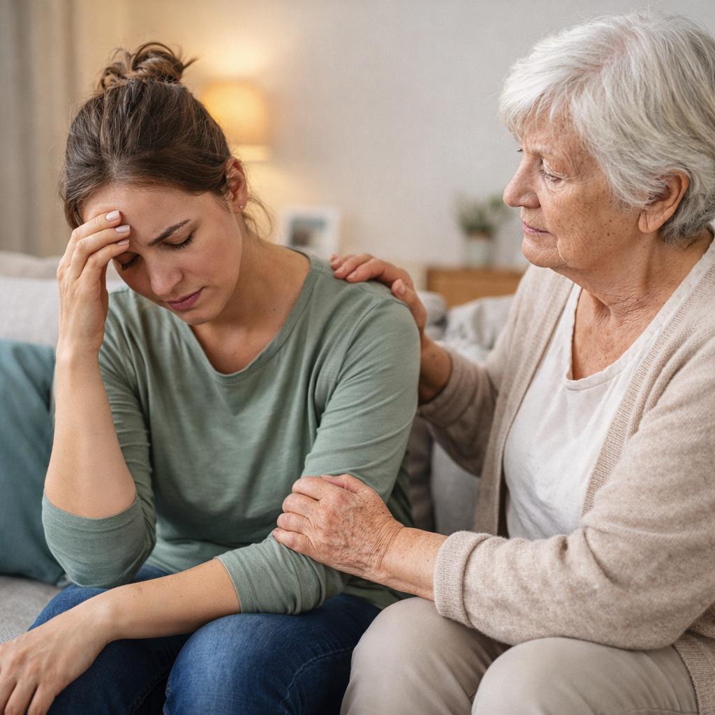 Mulher jovem demonstra cansaço emocional enquanto é confortada por uma idosa, representando a sobrecarga de quem cuida de idosos e a importância do apoio ao cuidador.