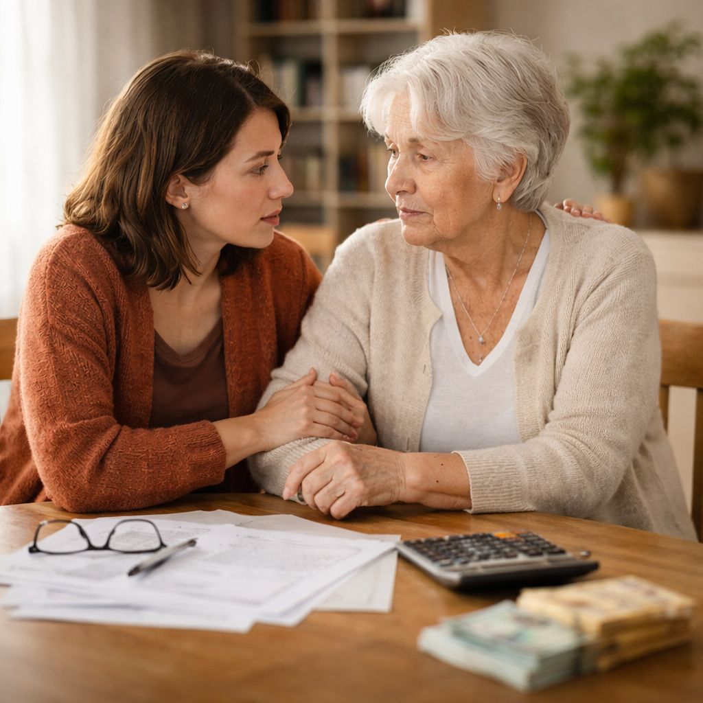 Mulher auxiliando idosa em casa enquanto analisam documentos